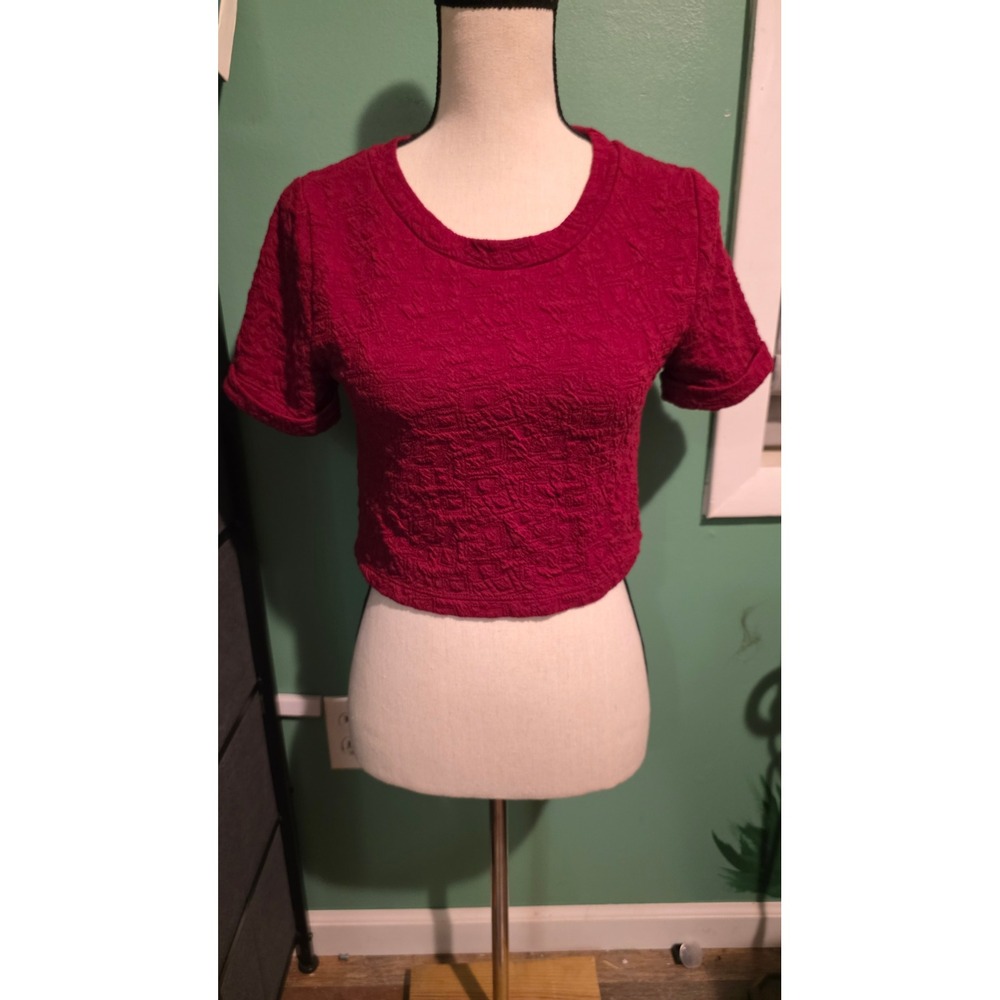 Everly Burgundy Red Textured Jacquard Crop Top Short Sleeve Crew Neck Small